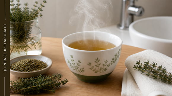 Infusion de thym utilisée en gargarisme pour apaiser une gorge irritée en cas de rhume - Herboristerie Sensathé